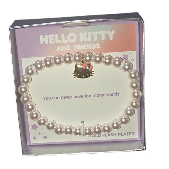 Sanrio Hello Kitty 18k Gold Plated Faux Pearls & Crystals Stretch Bracelet - Picture 7 of 7